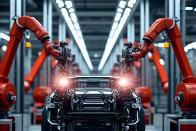 自動車工場で稼働するロボットアーム群