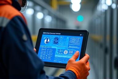 タブレットで機械の状態を監視するエンジニア